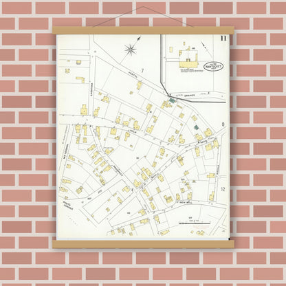 Old map wall art mockup — magnetic wood frame on brick wall — Sanborn Fire Insurance Map from Nantucket, Nantucket County, Massachusetts (1909), Sheet #0011