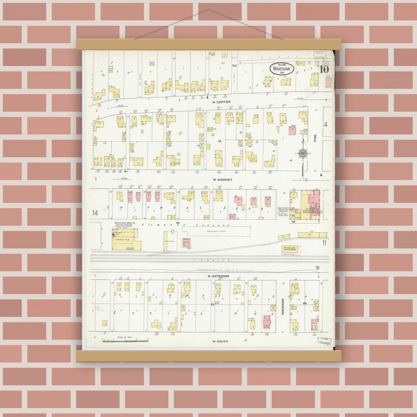 Old map wall art mockup — magnetic wood frame on brick wall — Sanborn Fire Insurance Map from Warsaw, Kosciusko County, Indiana (1910), Sheet #0010