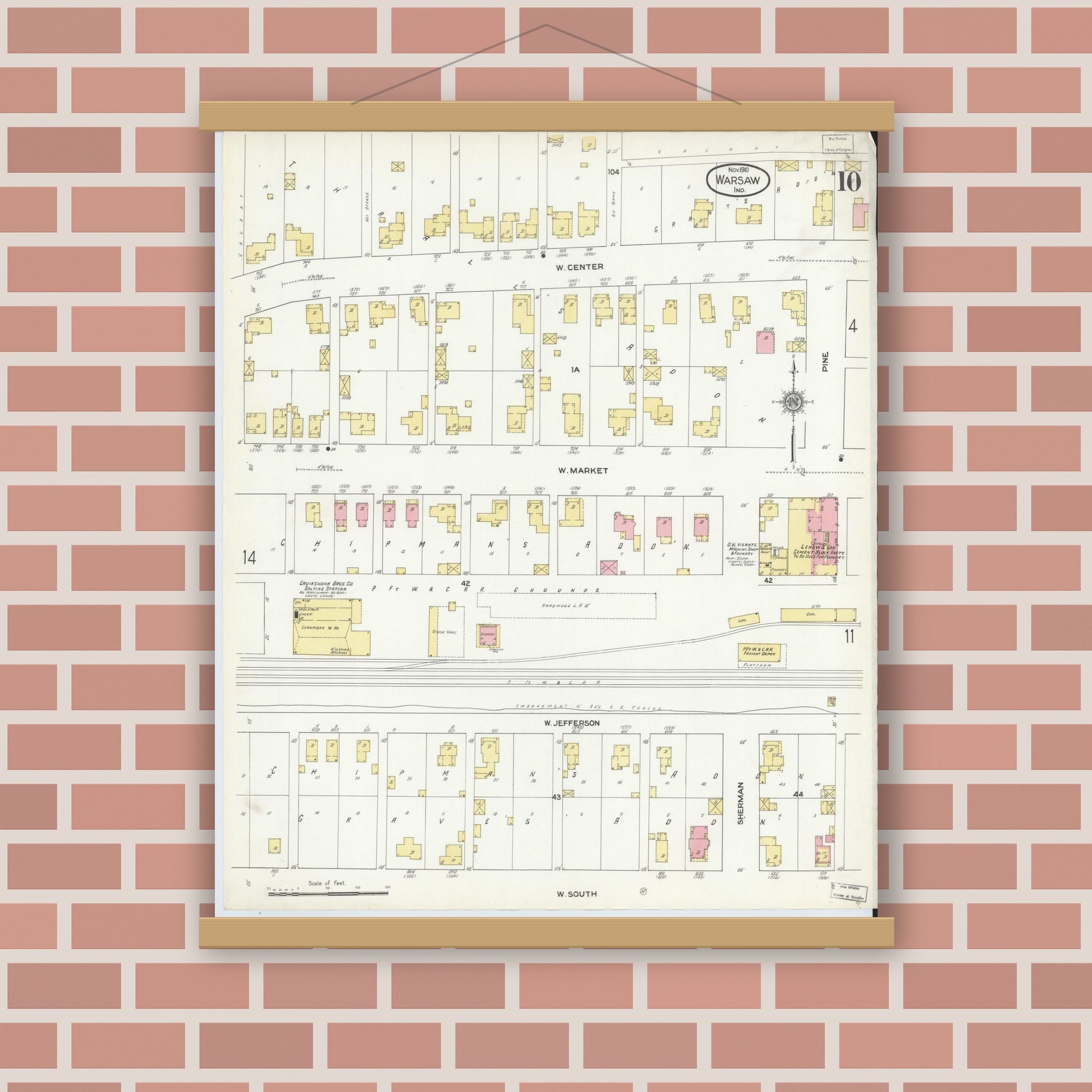 Old map wall art mockup — magnetic wood frame on brick wall — Sanborn Fire Insurance Map from Warsaw, Kosciusko County, Indiana (1910), Sheet #0010
