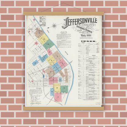 Old map wall art mockup — magnetic wood frame on brick wall — Sanborn Fire Insurance Map from Jeffersonville, Clark County, Indiana (1891) - Complete Map Set