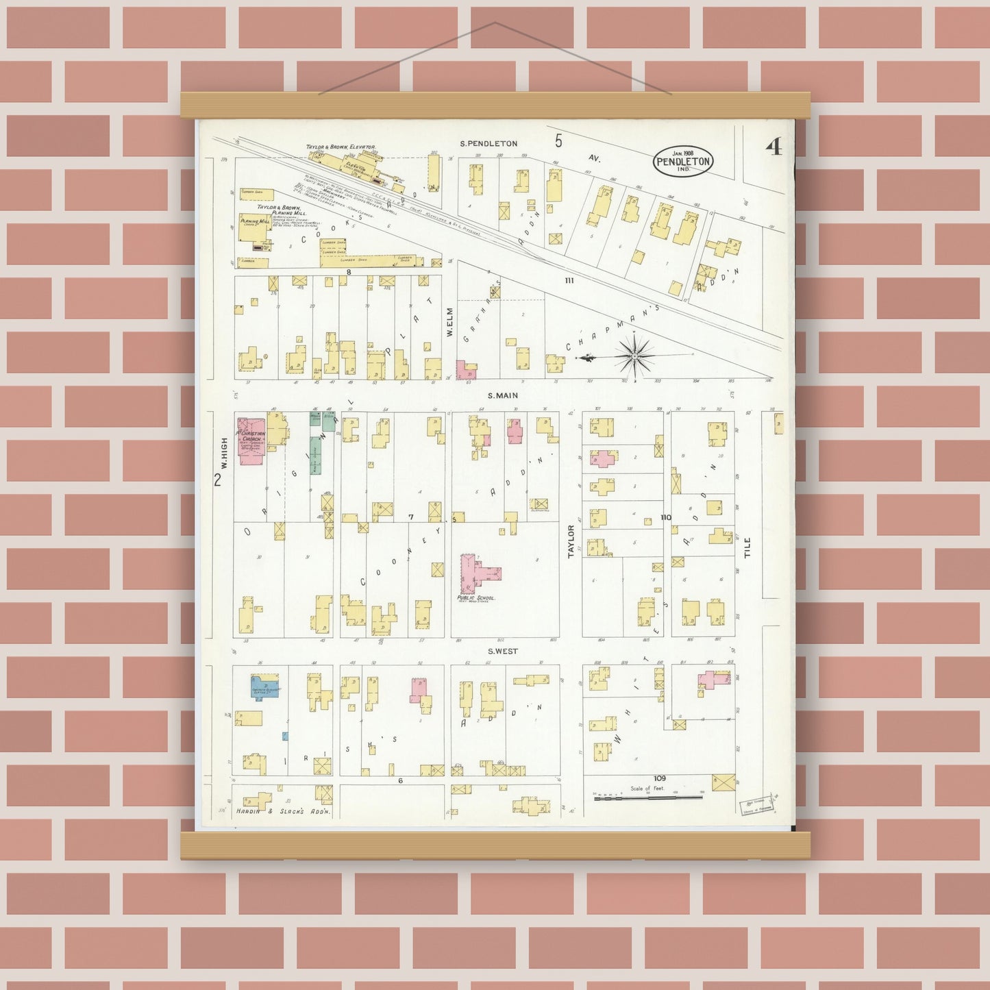 Old map wall art mockup — magnetic wood frame on brick wall — Sanborn Fire Insurance Map from Pendleton, Madison County, Indiana (1908), Sheet #0004