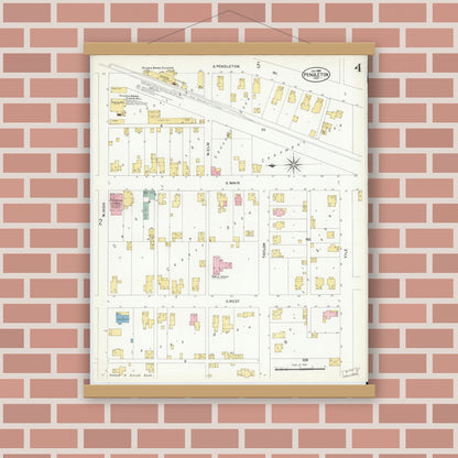 Old map wall art mockup — magnetic wood frame on brick wall — Sanborn Fire Insurance Map from Pendleton, Madison County, Indiana (1908), Sheet #0004