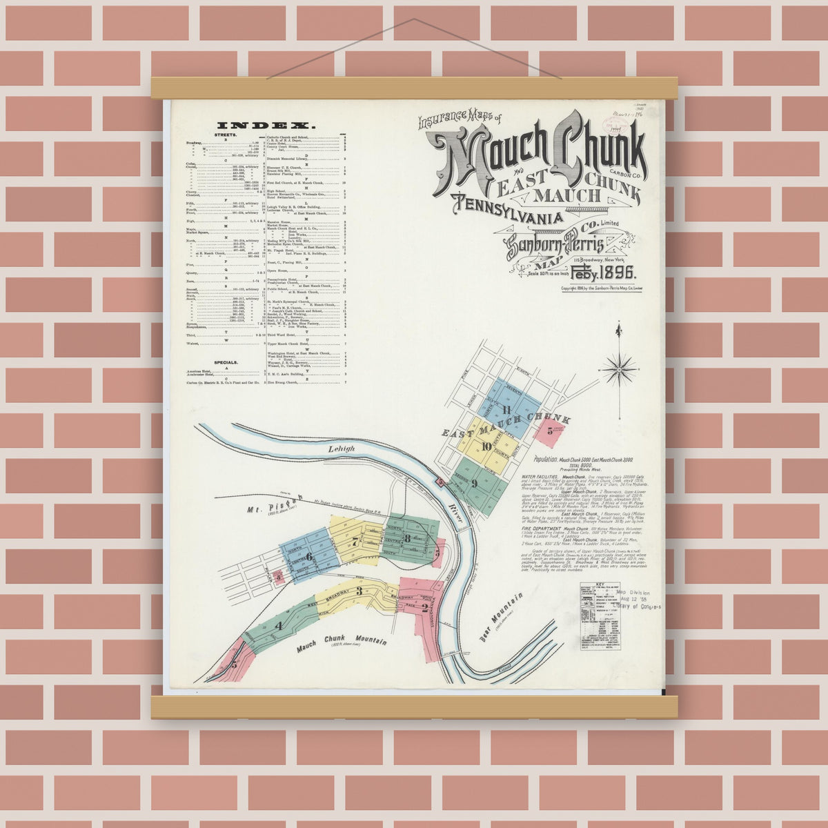 Old map wall art mockup — magnetic wood frame on brick wall — Sanborn Fire Insurance Map from Mauch Chunk, Carbon County, Pennsylvania (1896), Sheet #0001