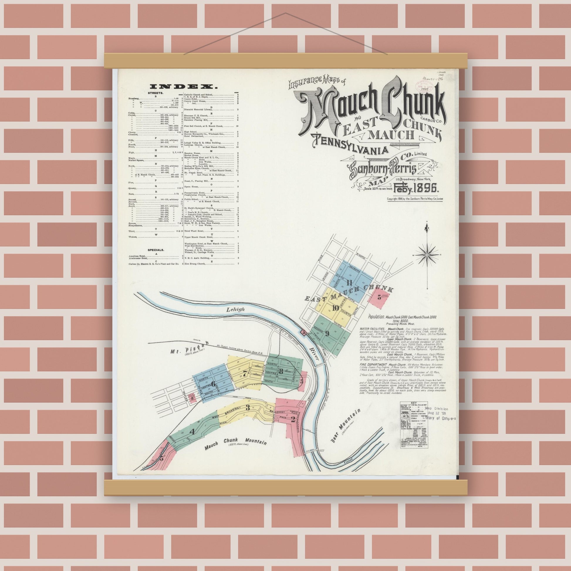 Old map wall art mockup — magnetic wood frame on brick wall — Sanborn Fire Insurance Map from Mauch Chunk, Carbon County, Pennsylvania (1896), Sheet #0001