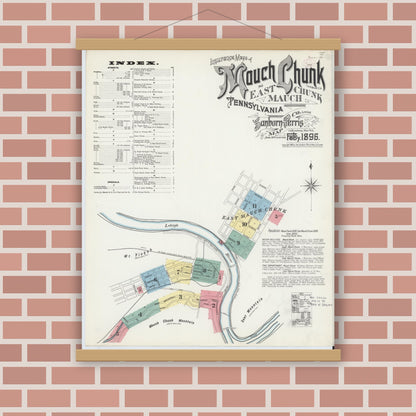Old map wall art mockup — magnetic wood frame on brick wall — Sanborn Fire Insurance Map from Mauch Chunk, Carbon County, Pennsylvania (1896), Sheet #0001