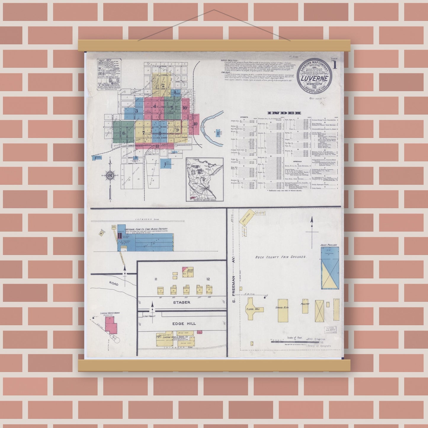Old map wall art mockup — magnetic wood frame on brick wall — Sanborn Fire Insurance Map from Luverne, Rock County, Minnesota (1921), Sheet #0001