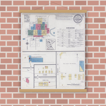 Old map wall art mockup — magnetic wood frame on brick wall — Sanborn Fire Insurance Map from Luverne, Rock County, Minnesota (1921), Sheet #0001