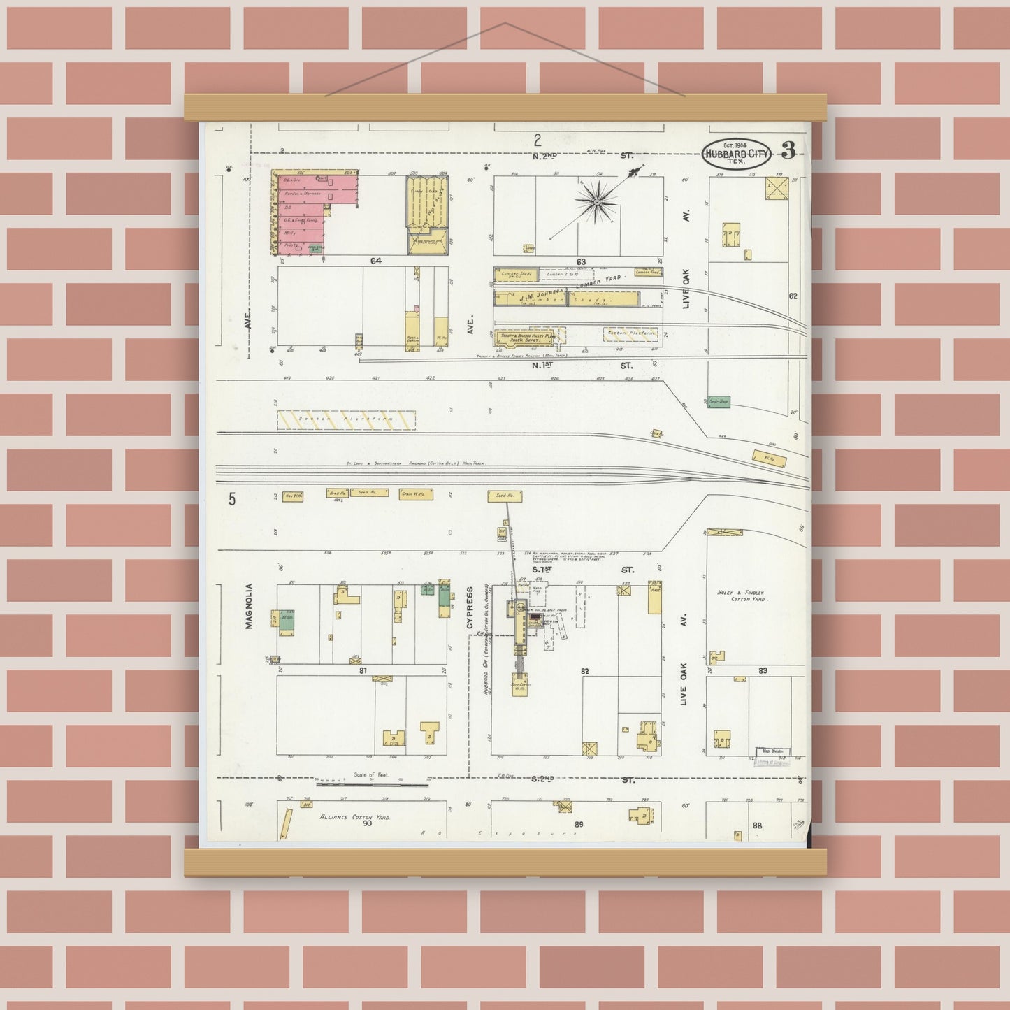 Old map wall art mockup — magnetic wood frame on brick wall — Sanborn Fire Insurance Map from Hubbard, Hill County, Texas (1904), Sheet #0003