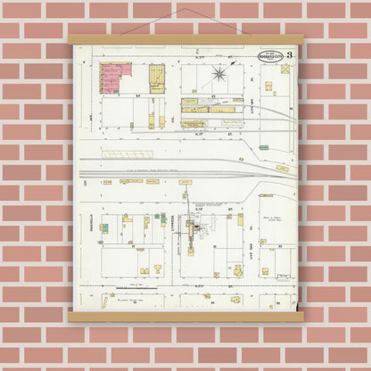 Old map wall art mockup — magnetic wood frame on brick wall — Sanborn Fire Insurance Map from Hubbard, Hill County, Texas (1904), Sheet #0003
