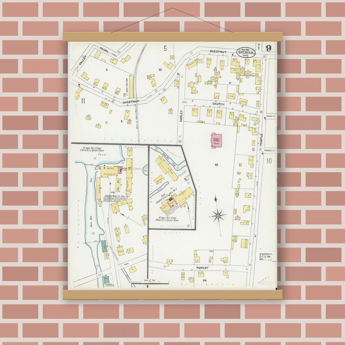 Old map wall art mockup — magnetic wood frame on brick wall — Sanborn Fire Insurance Map from Spencer, Worcester County, Massachusetts (1901), Sheet #0009
