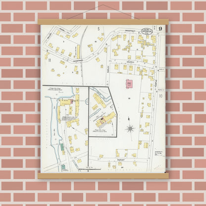 Old map wall art mockup — magnetic wood frame on brick wall — Sanborn Fire Insurance Map from Spencer, Worcester County, Massachusetts (1901), Sheet #0009
