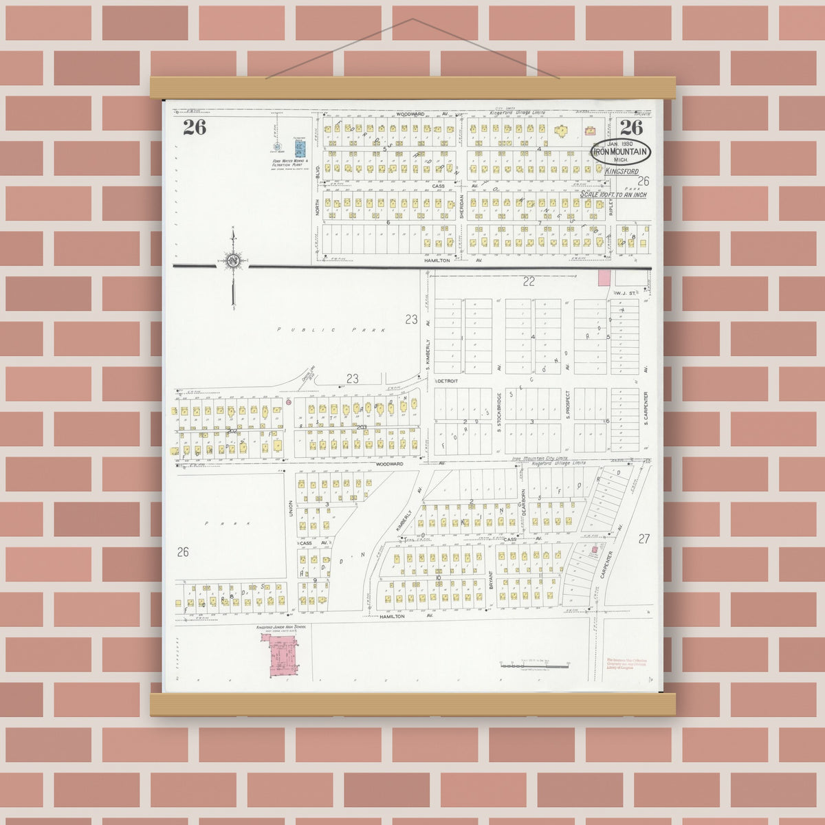 Old map wall art mockup — magnetic wood frame on brick wall — Sanborn Fire Insurance Map from Iron Mountain, Dickinson County, Michigan (1930), Sheet #0026