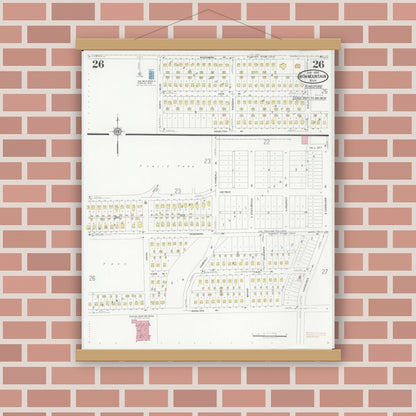 Old map wall art mockup — magnetic wood frame on brick wall — Sanborn Fire Insurance Map from Iron Mountain, Dickinson County, Michigan (1930), Sheet #0026