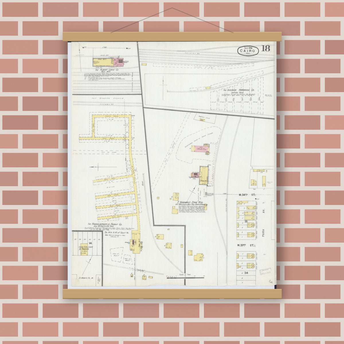 Old map wall art mockup — magnetic wood frame on brick wall — Sanborn Fire Insurance Map from Cairo, Alexander County, Illinois (1896), Sheet #0018
