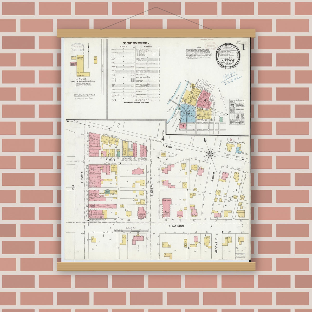 Old map wall art mockup — magnetic wood frame on brick wall — Sanborn Fire Insurance Map from Attica, Fountain County, Indiana (1899) - Complete Map Set