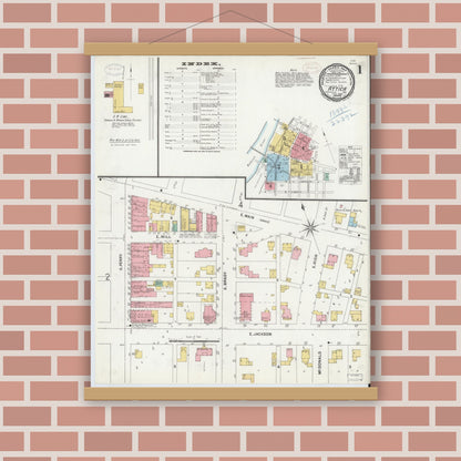 Old map wall art mockup — magnetic wood frame on brick wall — Sanborn Fire Insurance Map from Attica, Fountain County, Indiana (1899) - Complete Map Set