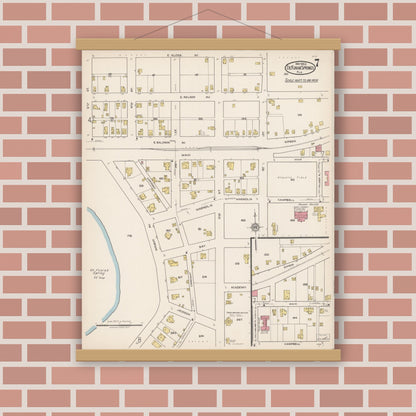 Old map wall art mockup — magnetic wood frame on brick wall — Sanborn Fire Insurance Map from De Funiak Springs, Walton County, Florida (1922), Sheet #0007