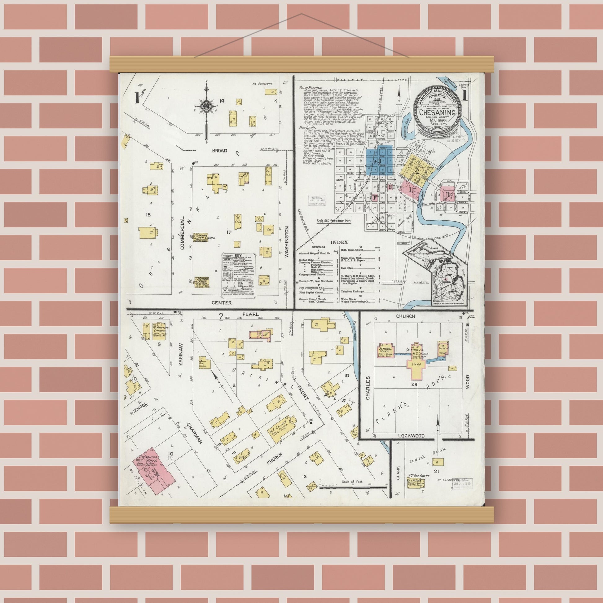 Old map wall art mockup — magnetic wood frame on brick wall — Sanborn Fire Insurance Map from Chesaning, Saginaw County, Michigan (1925) - Complete Map Set