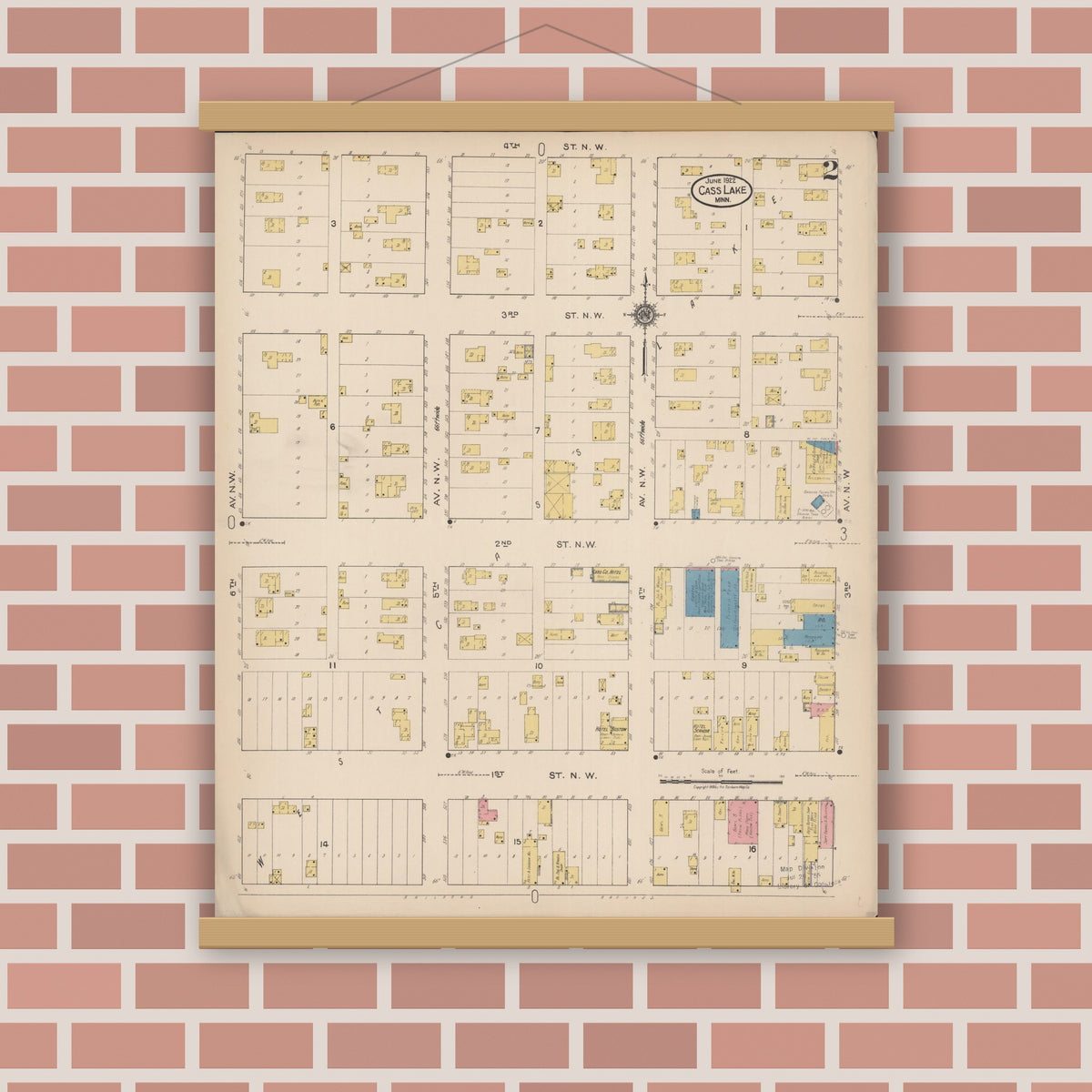 Old map wall art mockup — magnetic wood frame on brick wall — Sanborn Fire Insurance Map from Cass Lake, Cass County, Minnesota (1922), Sheet #0002