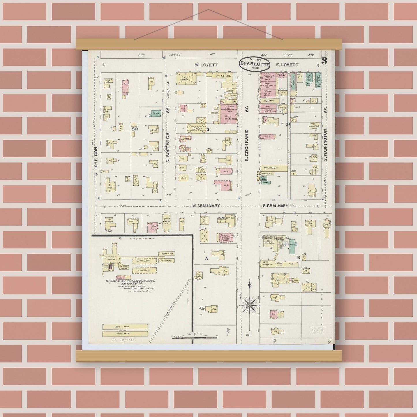 Old map wall art mockup — magnetic wood frame on brick wall — Sanborn Fire Insurance Map from Charlotte, Eaton County, Michigan (1890), Sheet #0003
