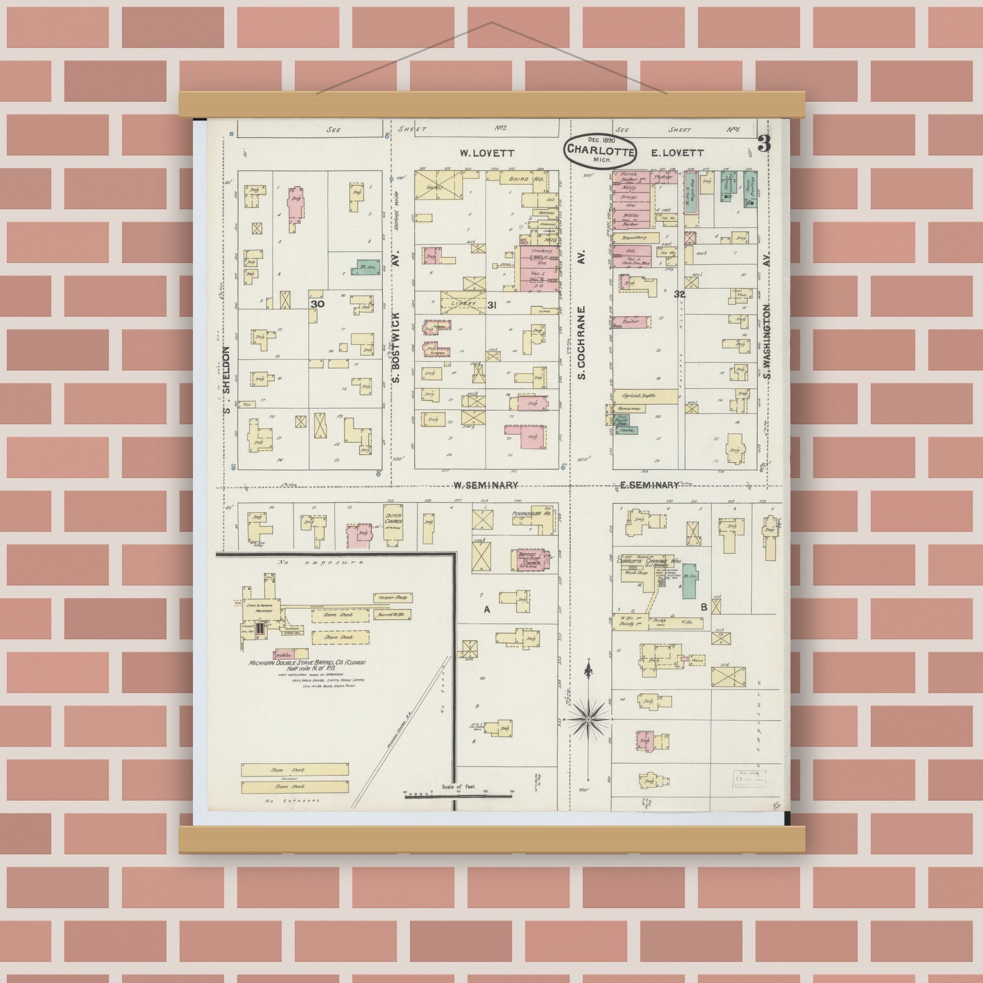 Old map wall art mockup — magnetic wood frame on brick wall — Sanborn Fire Insurance Map from Charlotte, Eaton County, Michigan (1890), Sheet #0003
