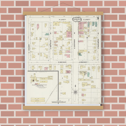 Old map wall art mockup — magnetic wood frame on brick wall — Sanborn Fire Insurance Map from Charlotte, Eaton County, Michigan (1890), Sheet #0003