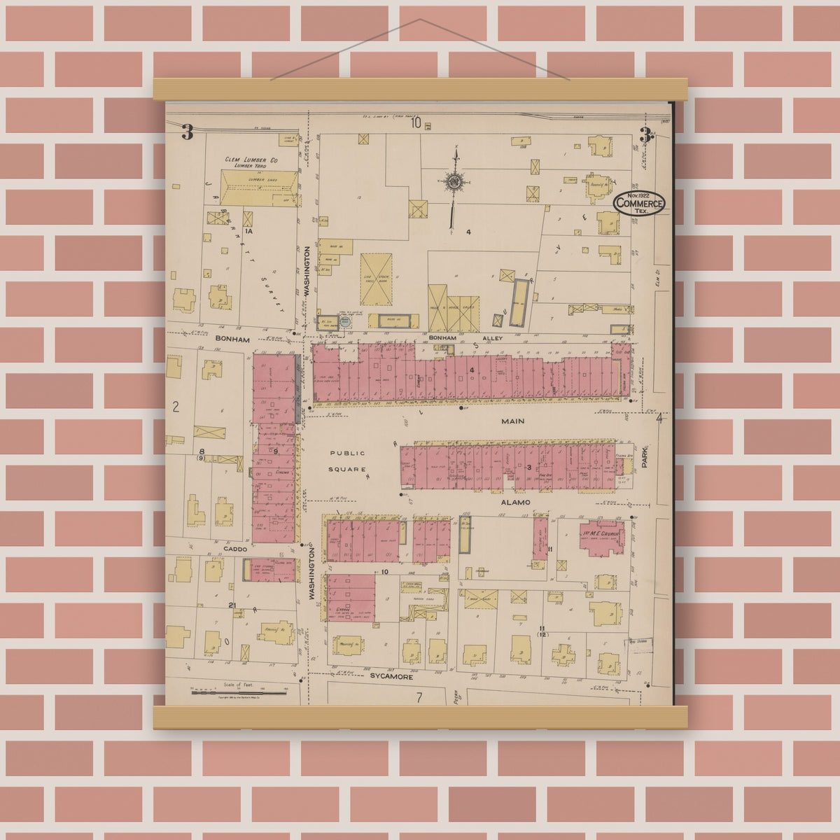 Old map wall art mockup — magnetic wood frame on brick wall — Sanborn Fire Insurance Map from Commerce, Hunt County, Texas (1922), Sheet #0003