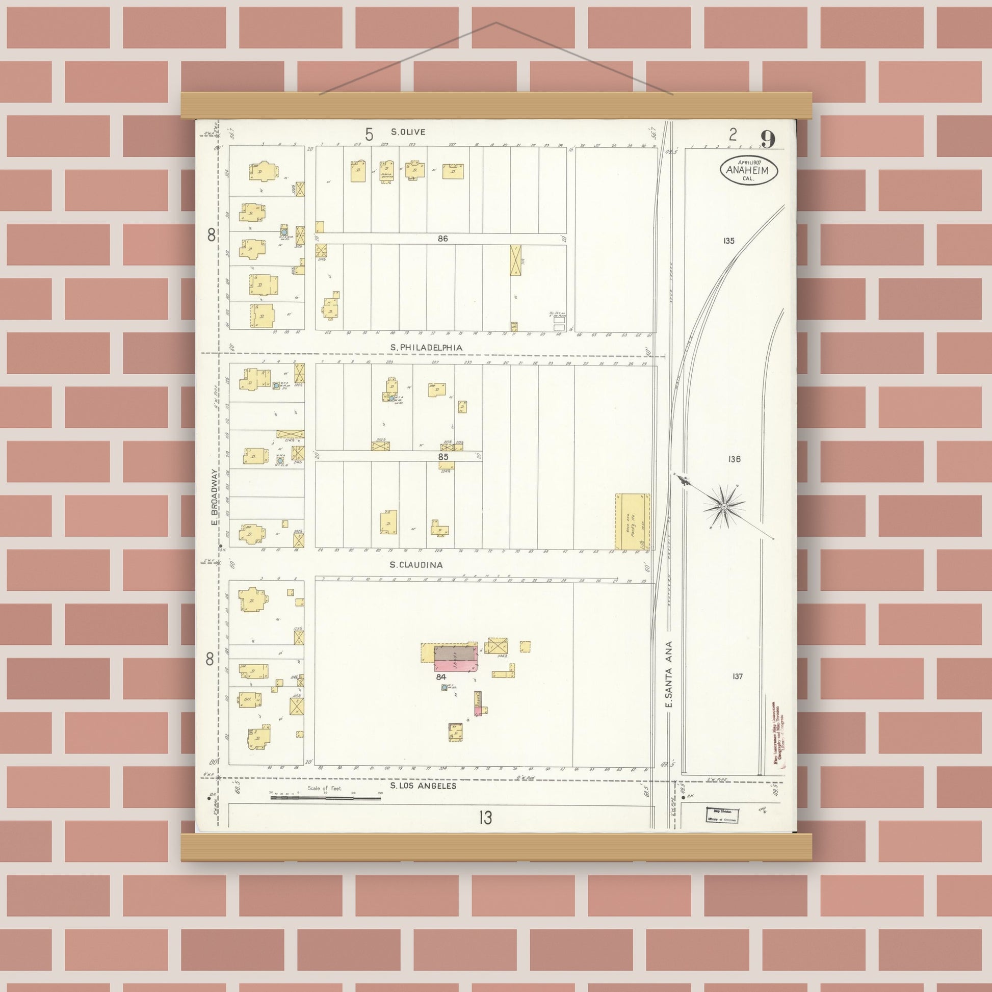 Old map wall art mockup — magnetic wood frame on brick wall — Sanborn Fire Insurance Map from Anaheim, Orange County, California (1907), Sheet #0009
