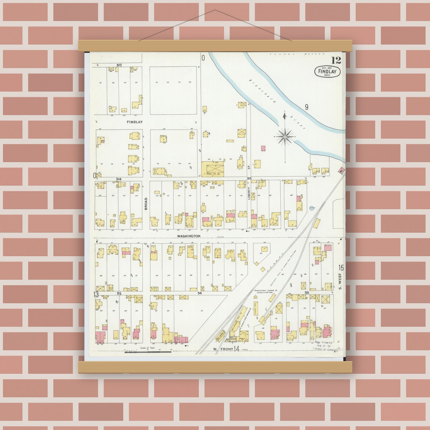 Old map wall art mockup — magnetic wood frame on brick wall — Sanborn Fire Insurance Map from Findlay, Hancock County, Ohio (1901), Sheet #0012