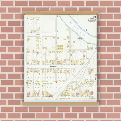 Old map wall art mockup — magnetic wood frame on brick wall — Sanborn Fire Insurance Map from Findlay, Hancock County, Ohio (1901), Sheet #0012
