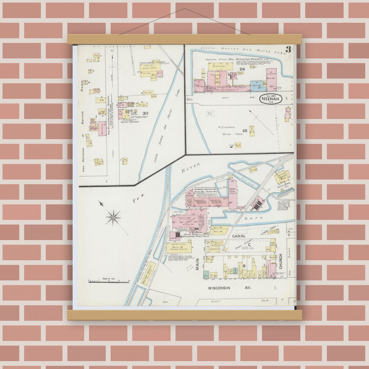 Old map wall art mockup — magnetic wood frame on brick wall — Sanborn Fire Insurance Map from Neenah, Winnebago County, Wisconsin (1887), Sheet #0003