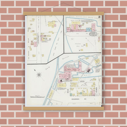 Old map wall art mockup — magnetic wood frame on brick wall — Sanborn Fire Insurance Map from Neenah, Winnebago County, Wisconsin (1887), Sheet #0003