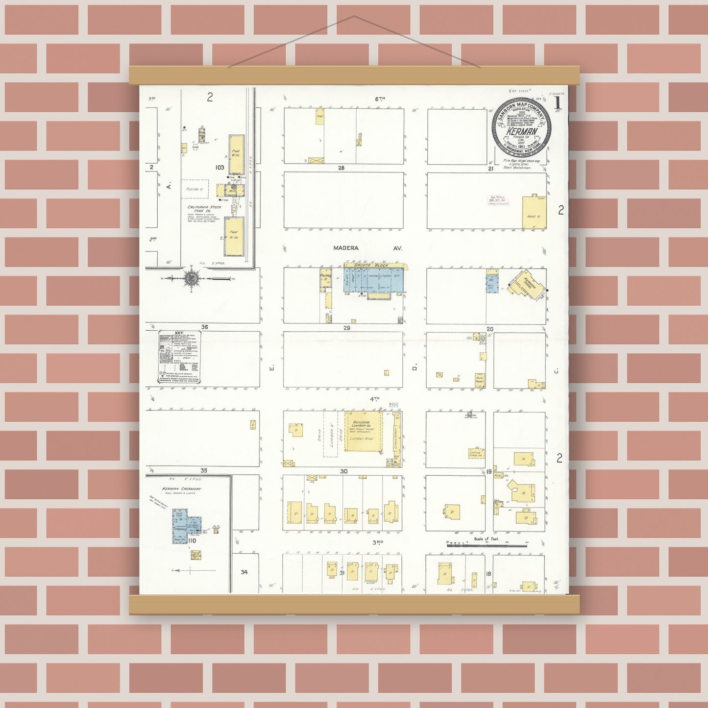 Old map wall art mockup — magnetic wood frame on brick wall — Sanborn Fire Insurance Map from Kerman, Fresno County, California (1911), Sheet #0001