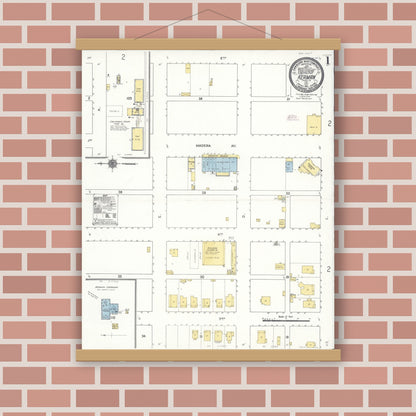 Old map wall art mockup — magnetic wood frame on brick wall — Sanborn Fire Insurance Map from Kerman, Fresno County, California (1911), Sheet #0001