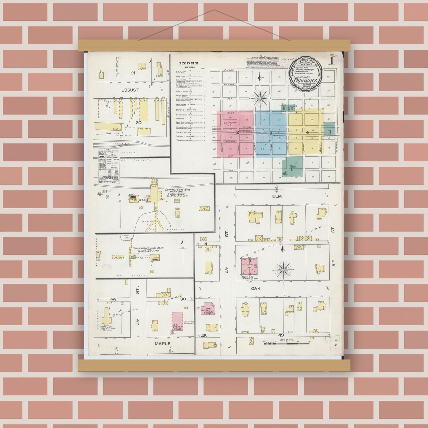 Old map wall art mockup — magnetic wood frame on brick wall — Sanborn Fire Insurance Map from Fairbury, Livingston County, Illinois (1892) - Complete Map Set