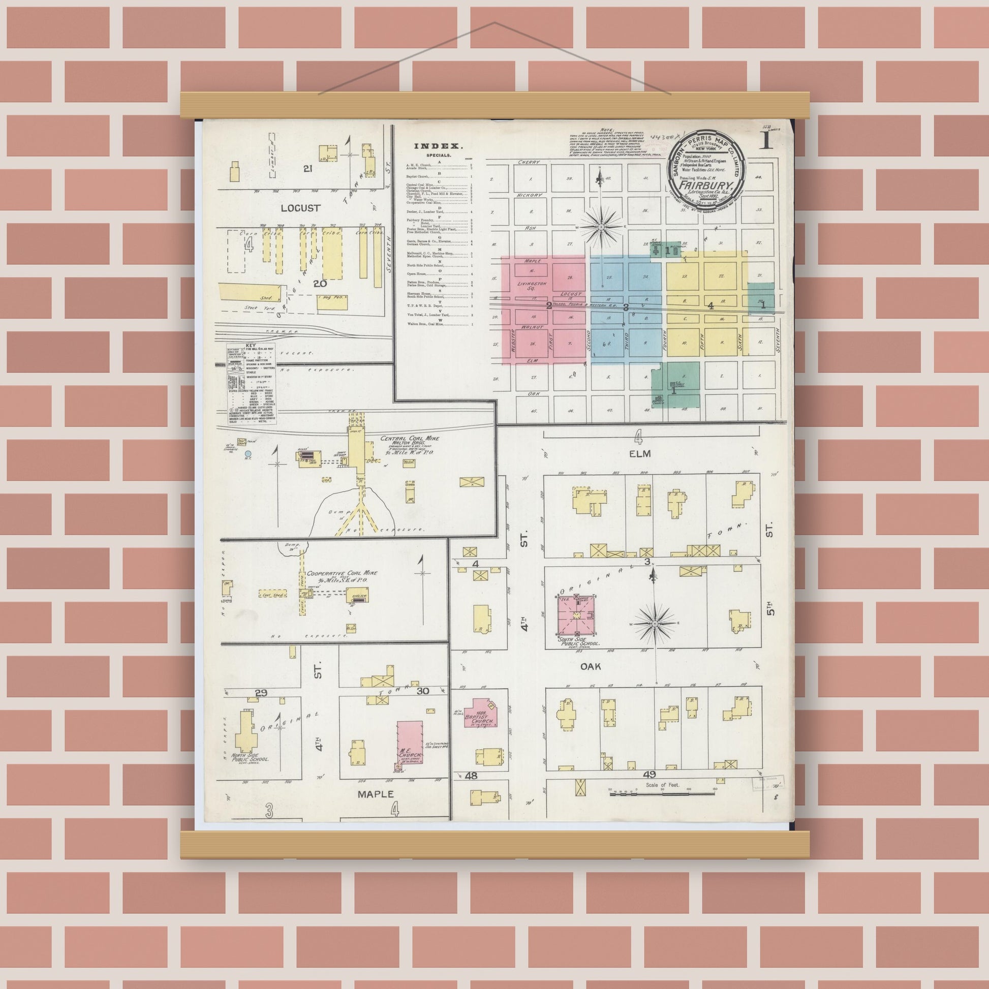 Old map wall art mockup — magnetic wood frame on brick wall — Sanborn Fire Insurance Map from Fairbury, Livingston County, Illinois (1892) - Complete Map Set