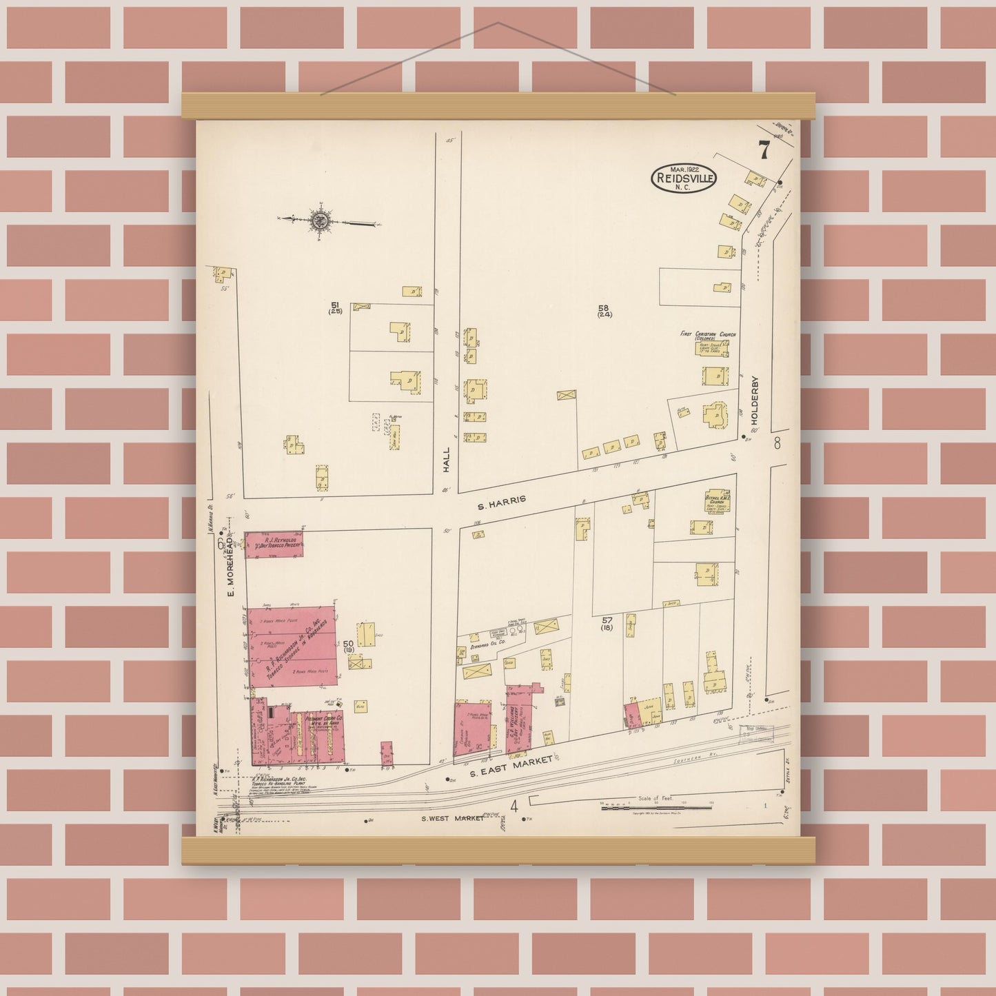 Old map wall art mockup — magnetic wood frame on brick wall — Sanborn Fire Insurance Map from Reidsville, Rockingham County, North Carolina (1922), Sheet #0007