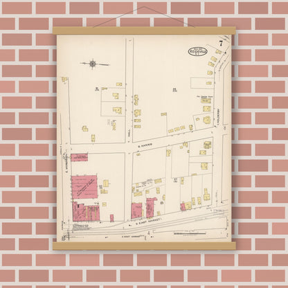 Old map wall art mockup — magnetic wood frame on brick wall — Sanborn Fire Insurance Map from Reidsville, Rockingham County, North Carolina (1922), Sheet #0007