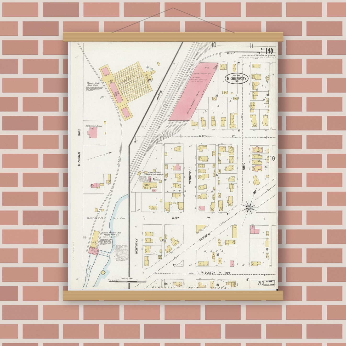 Old map wall art mockup — magnetic wood frame on brick wall — Sanborn Fire Insurance Map from Michigan City, La Porte County, Indiana (1899), Sheet #0019