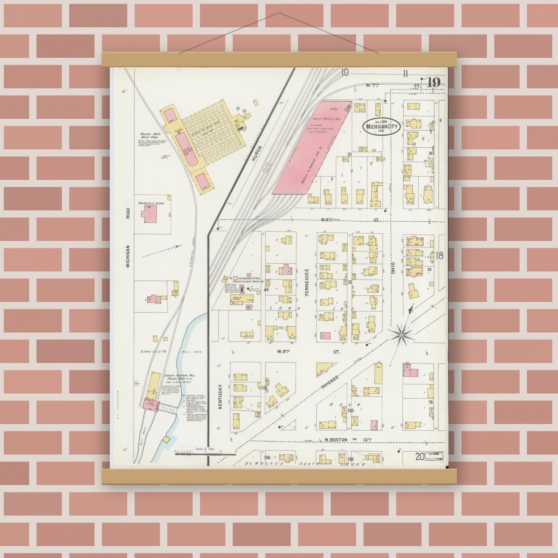 Old map wall art mockup — magnetic wood frame on brick wall — Sanborn Fire Insurance Map from Michigan City, La Porte County, Indiana (1899), Sheet #0019
