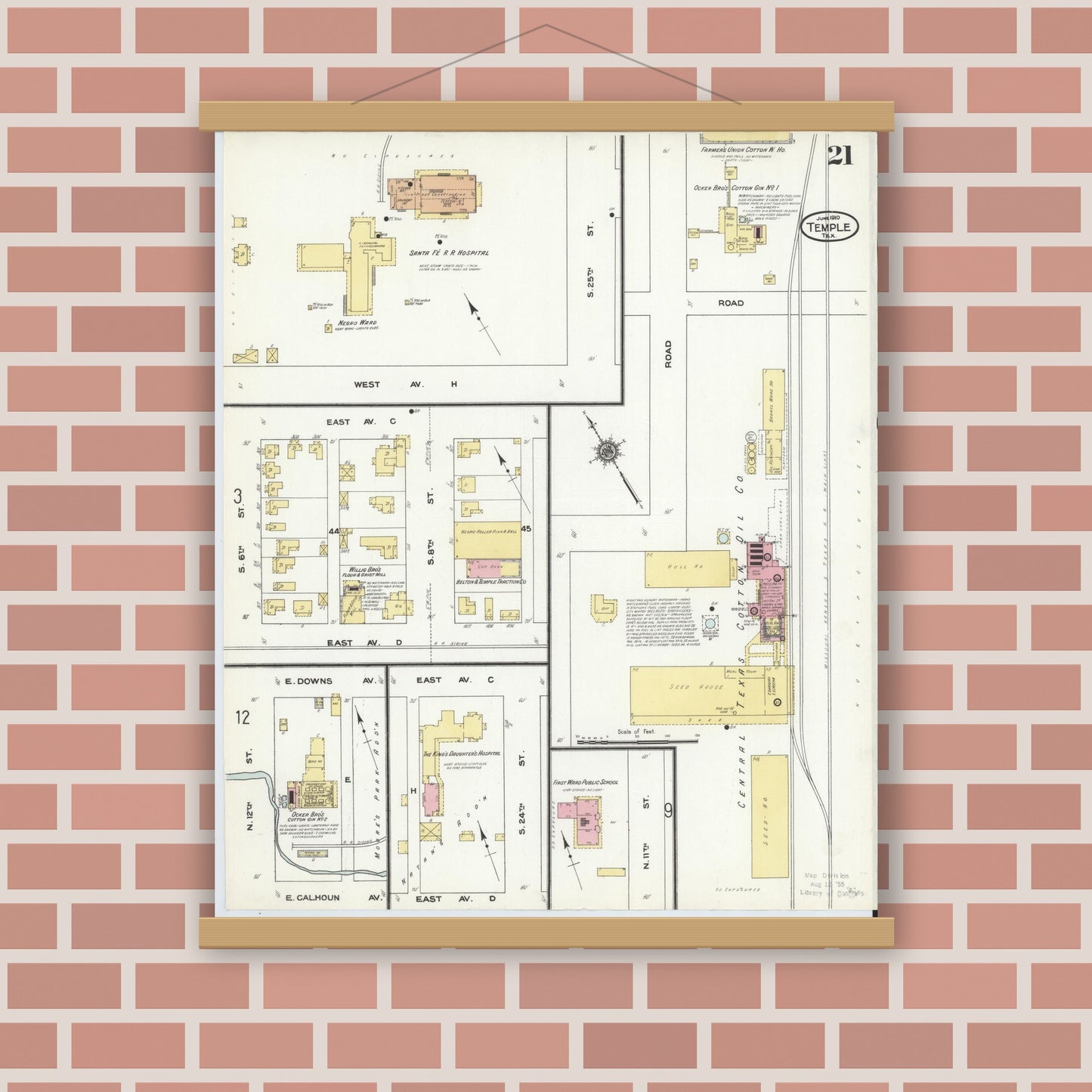 Old map wall art mockup — magnetic wood frame on brick wall — Sanborn Fire Insurance Map from Temple, Bell County, Texas (1910), Sheet #0021