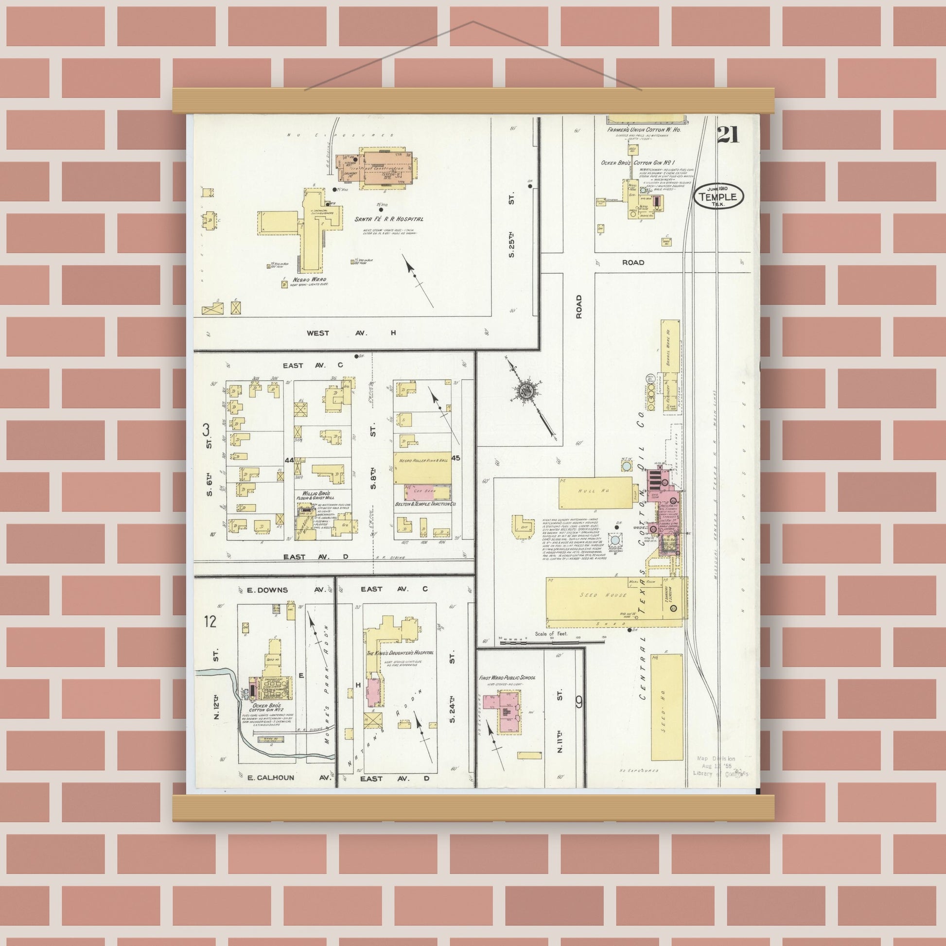Old map wall art mockup — magnetic wood frame on brick wall — Sanborn Fire Insurance Map from Temple, Bell County, Texas (1910), Sheet #0021