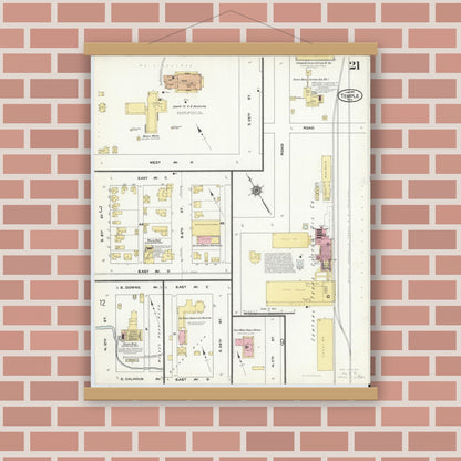 Old map wall art mockup — magnetic wood frame on brick wall — Sanborn Fire Insurance Map from Temple, Bell County, Texas (1910), Sheet #0021