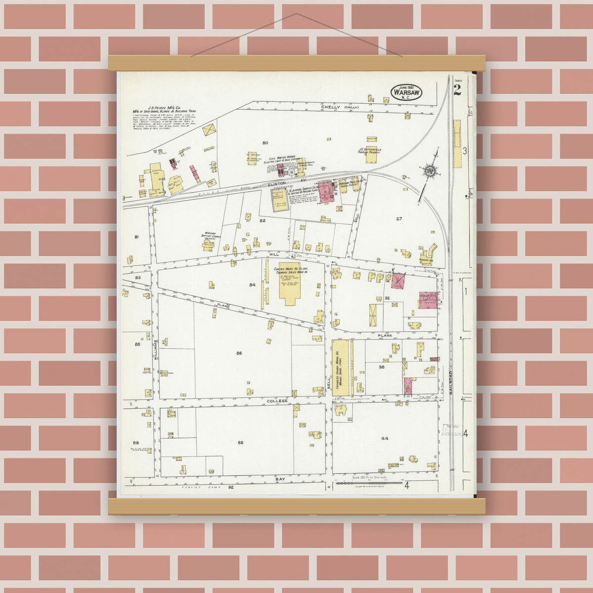 Old map wall art mockup — magnetic wood frame on brick wall — Sanborn Fire Insurance Map from Warsaw, Duplin County, North Carolina (1921), Sheet #0002