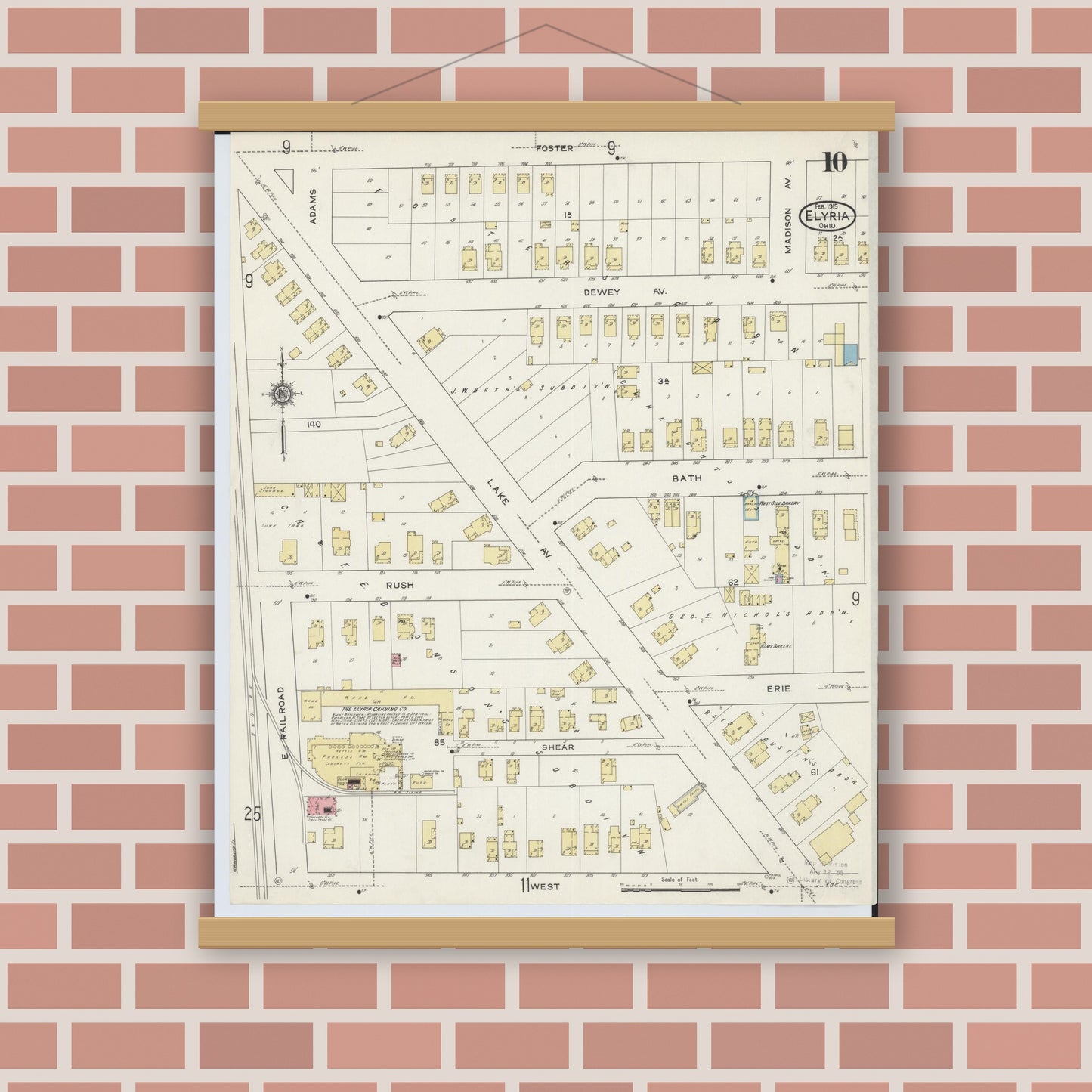 Old map wall art mockup — magnetic wood frame on brick wall — Sanborn Fire Insurance Map from Elyria, Lorain County, Ohio (1915), Sheet #0010