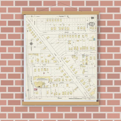 Old map wall art mockup — magnetic wood frame on brick wall — Sanborn Fire Insurance Map from Elyria, Lorain County, Ohio (1915), Sheet #0010