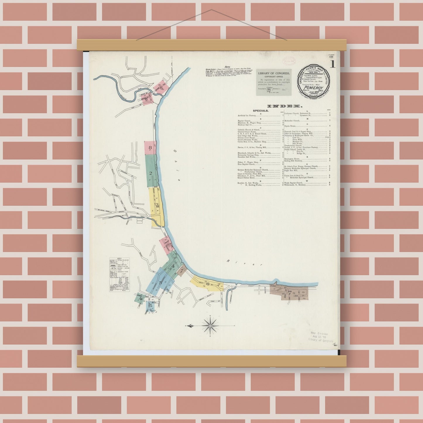 Old map wall art mockup — magnetic wood frame on brick wall — Sanborn Fire Insurance Map from Pomeroy, Meigs County, Ohio (1893) - Complete Map Set