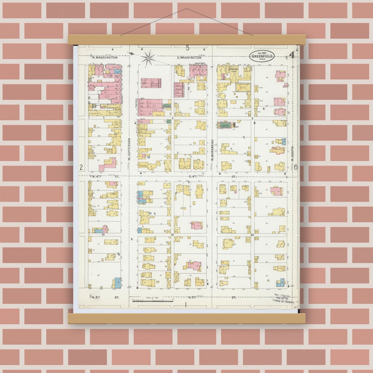 Old map wall art mockup — magnetic wood frame on brick wall — Sanborn Fire Insurance Map from Greenfield, Highland County, Ohio (1899), Sheet #0004