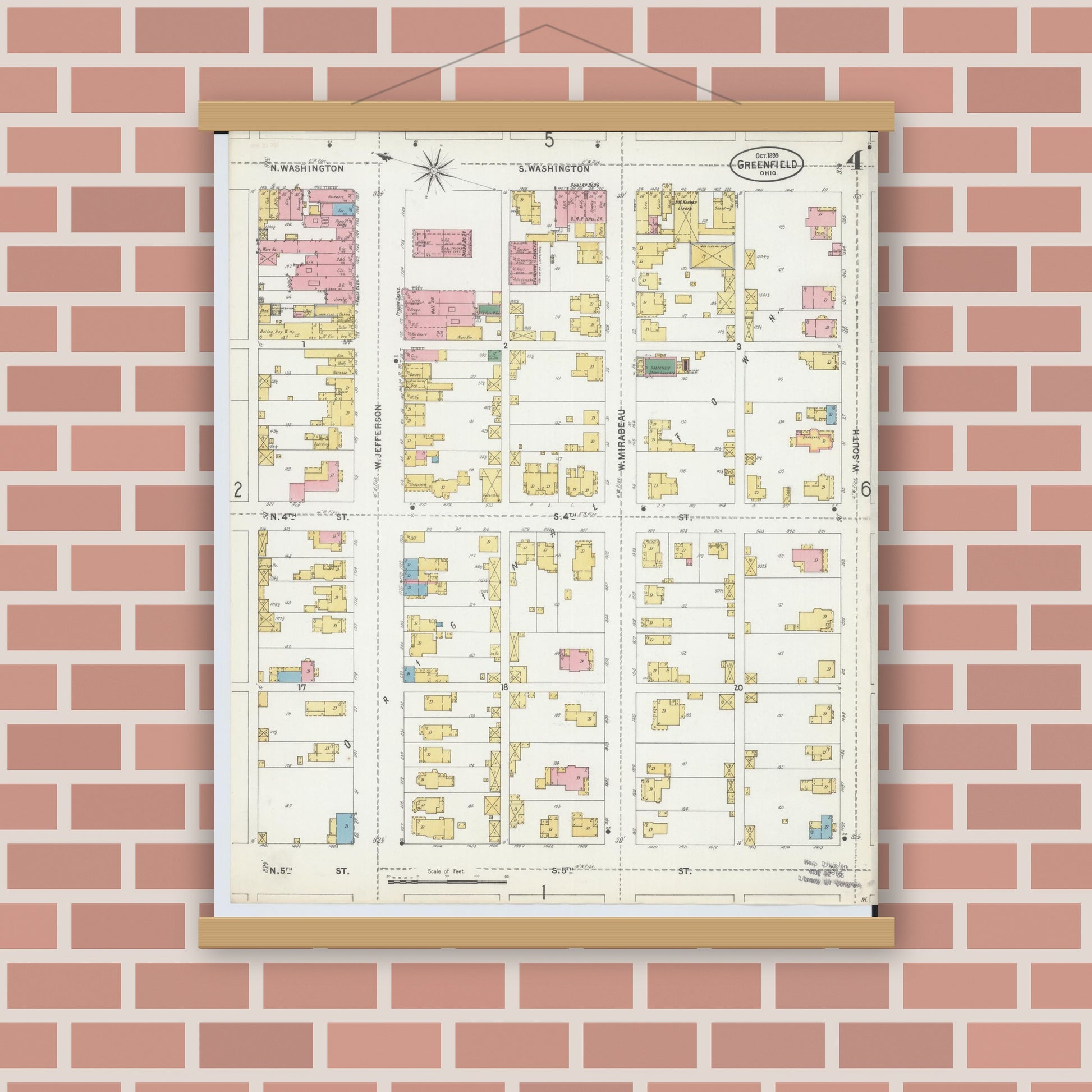Old map wall art mockup — magnetic wood frame on brick wall — Sanborn Fire Insurance Map from Greenfield, Highland County, Ohio (1899), Sheet #0004