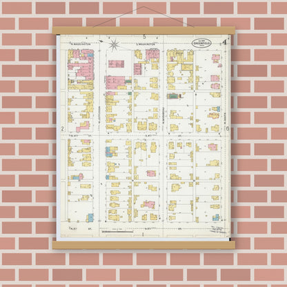 Old map wall art mockup — magnetic wood frame on brick wall — Sanborn Fire Insurance Map from Greenfield, Highland County, Ohio (1899), Sheet #0004